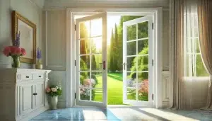 régler une porte-fenêtre : illustration d'une porte fenêtre qui mène à un jardin